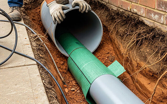Plumber Inserting Pipe Into Trench